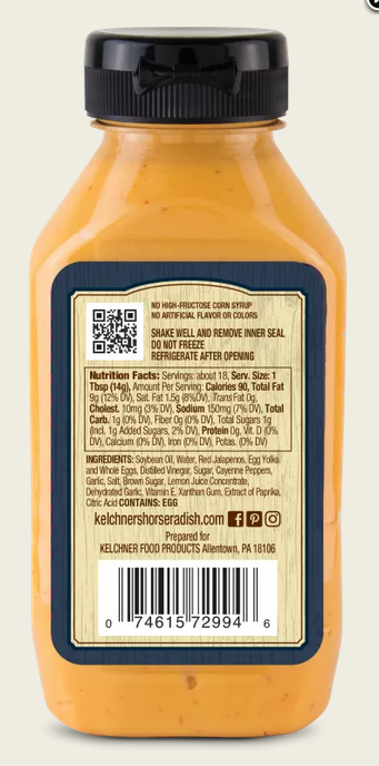 Kelchner's Spicy Sriracha Sauce 9 Ounce Squeeze Bottle Gluten free back package image - Pops Trading Company