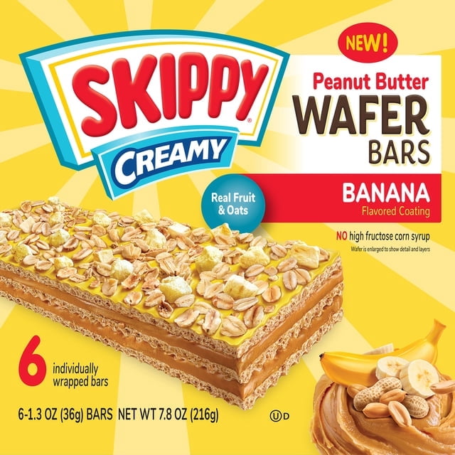 SKIPPY Creamy Banana Coating & Peanut Butter Wafer bars - 6 Individually Wrapped front package image - Pops Trading Company