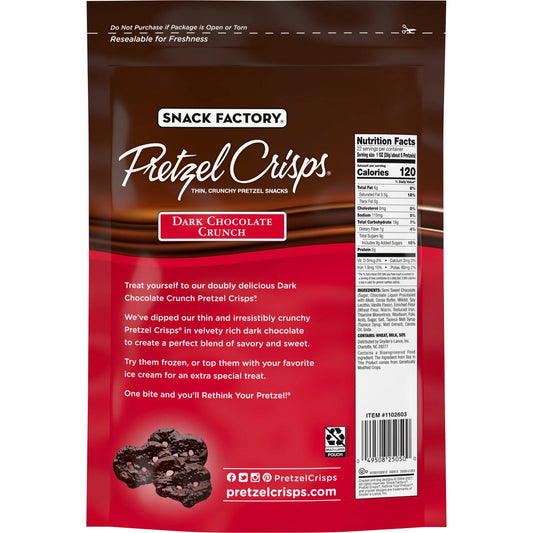Snack Factory Pretzel Crisps, Dark Chocolate Covered Pretzels, 5.5 oz back package image - Pops Trading Company