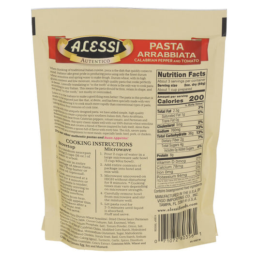 Alessi 4 Minute Pasta Arrabbiata – Quick Italian One-Dish Meal (6.35 oz) back package image - Pops Trading Company