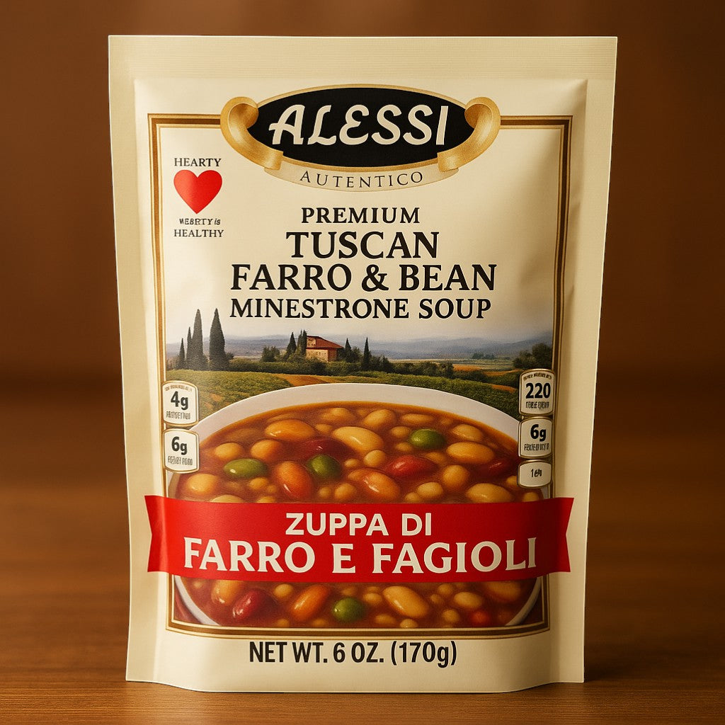 Alessi Tuscan Farro & Bean Minestrone Soup Mix 6 oz Pouch product image - Pops Trading Company