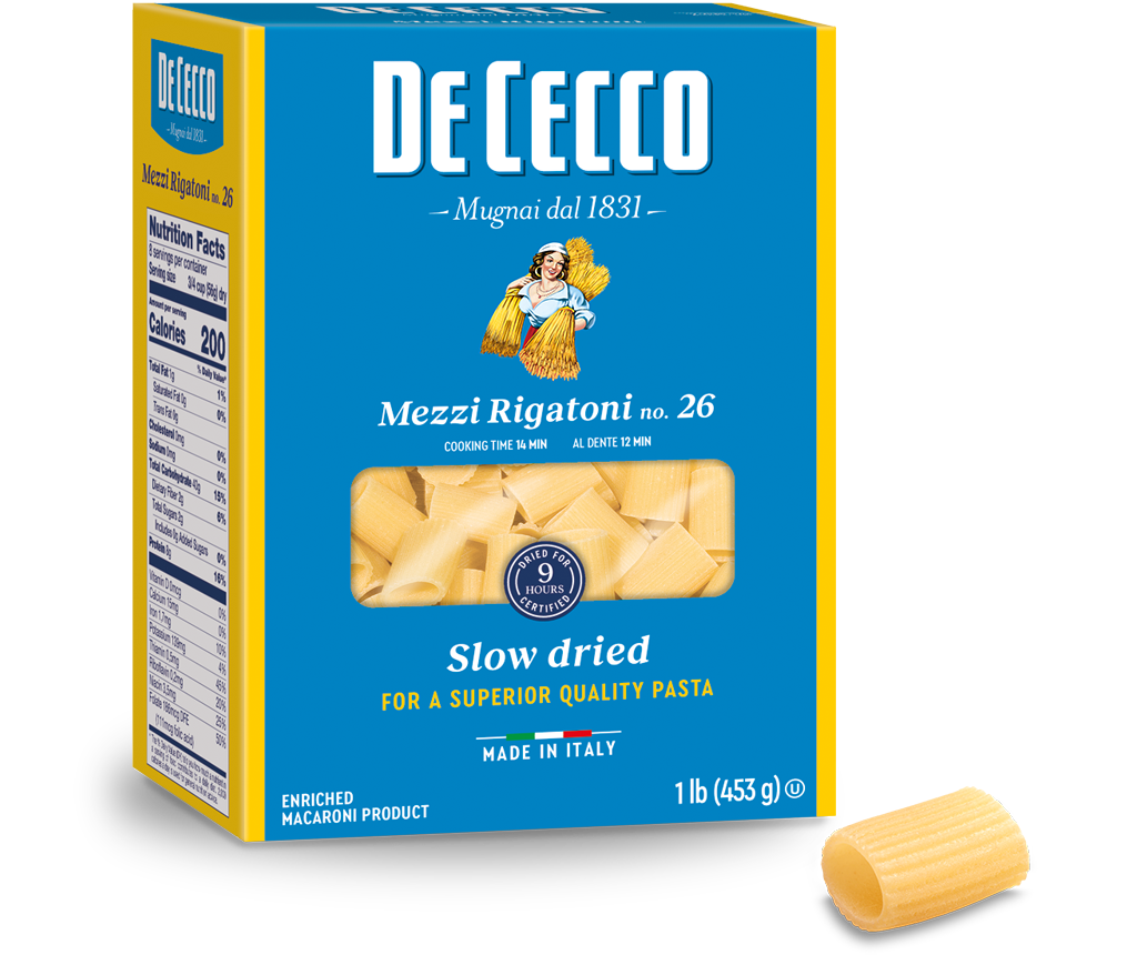 De Cecco Mezzi Rigatoni Napoletani # 26 Pasta 3-1lb Boxes front package image - Pops Trading Company