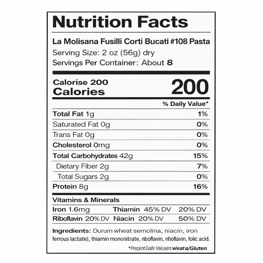 La Molisana Fusilli Corti Bucati #108 Pasta – 3 Pack (3 × 16 oz Bags) back package image - Pops Trading Company