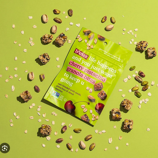 B’cuz Cherry Pistachio Granola Bites | Gluten-Free Plant-Based Snack 3oz back package image - Pops Trading Company