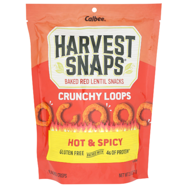Calbee Harvest Snaps Crunchy Loops Hot and Spicy 2.5 oz front package image - Pops Trading Company