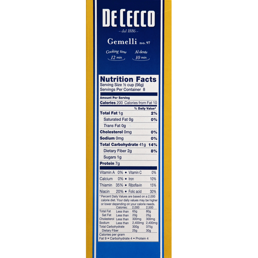 De Cecco Pasta Gemelli #97 Pasta 3-1lb Boxes back package image - Pops Trading Company