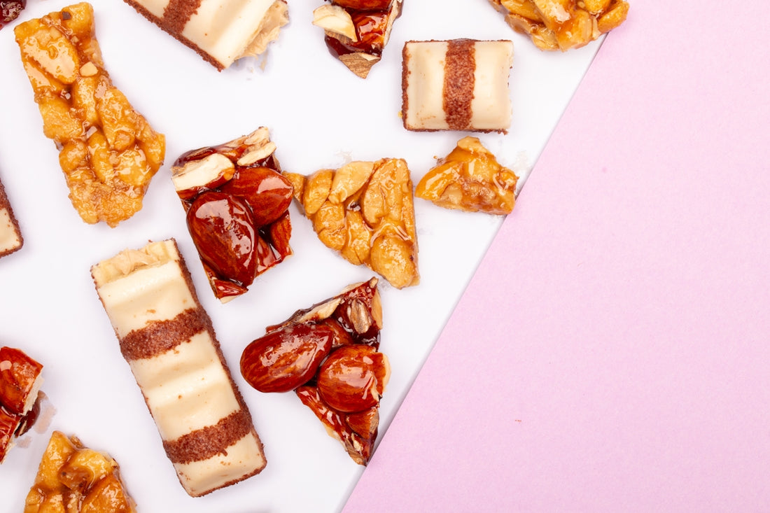 Assortment of nut and chocolate candy bars