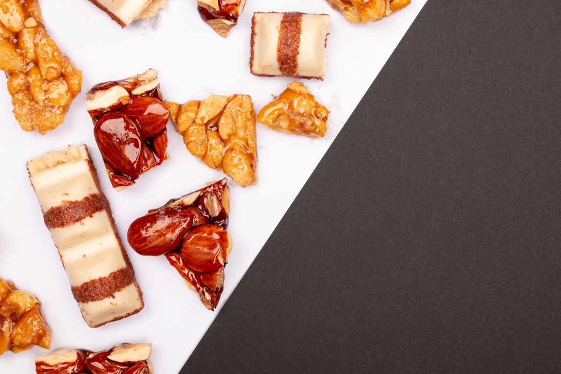 Assortment of sweet confections on a white and black background