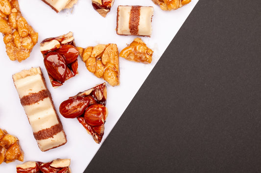 Assortment of sweet confections on a white and black background