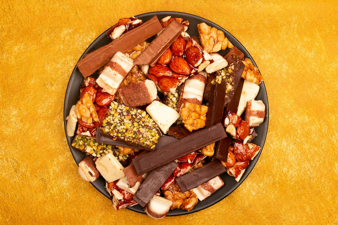 A plate of assorted chocolate bars and candies