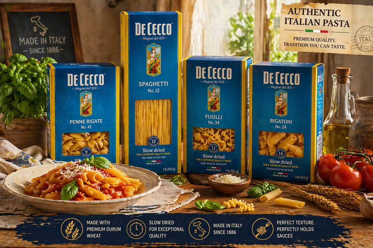 De Cecco pasta assortment with spaghetti penne and rigatoni in authentic Italian kitchen setting with plated pasta dish