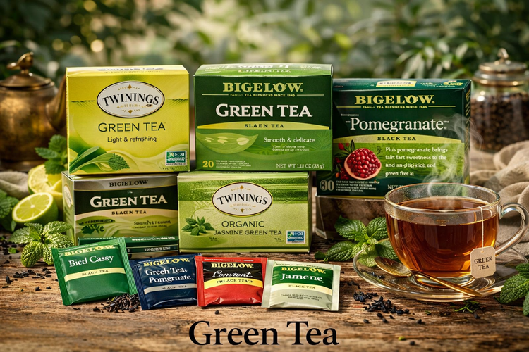 green tea bags and brewed green tea cup with light smooth tea on kitchen counter