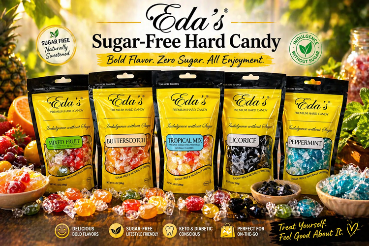 Eda’s sugar free hard candy assortment with mixed fruit butterscotch tropical mix licorice and peppermint flavors on bright display