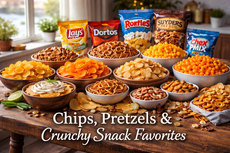 Chips, pretzels, popcorn, and crunchy snack favorites including assorted packaged and bowl-served snack foods