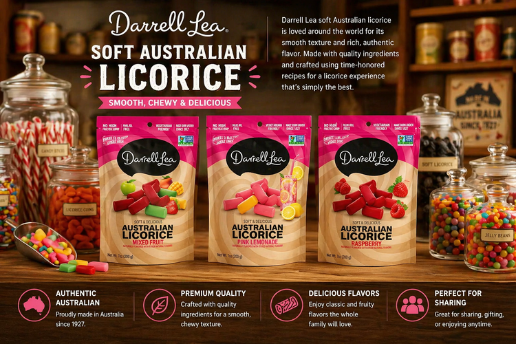 Darrell Lea soft Australian licorice assorted flavors in candy shop display with mixed fruit pink lemonade and raspberry varieties