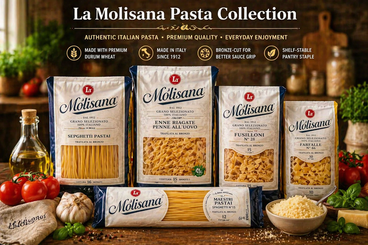 La Molisana pasta collection featuring assorted Italian pasta shapes with olive oil, tomatoes, garlic, and herbs in a rustic kitchen setting highlighting authentic Italian quality and bronze-cut pasta