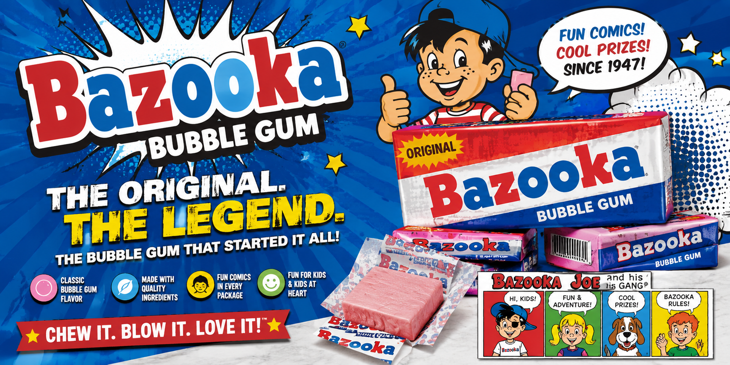 Bazooka Bubble Gum collection hero banner featuring classic Bazooka gum packs, Bazooka Joe comic graphics, and retro blue comic-style background.