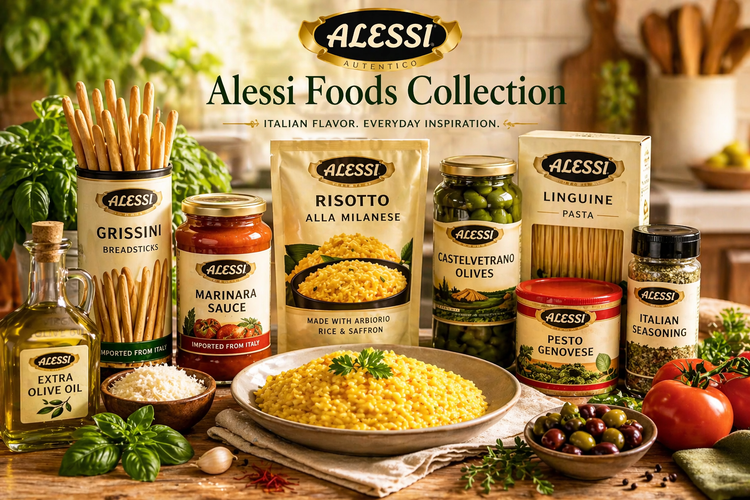 Alessi Foods Collection featuring Italian pantry products including grissini breadsticks, marinara sauce, risotto, Castelvetrano olives, linguine pasta, pesto, olive oil, and Italian seasoning on a rustic kitchen counter.