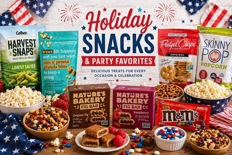 4th of July holiday snacks display with Harvest Snaps, Nature’s Bakery fig bars, B’cuz granola bites, pretzels, popcorn, and candy on a festive table
