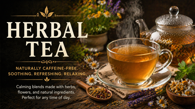 Herbal tea in glass cup with chamomile, lavender, and mint herbs, caffeine-free tea blends