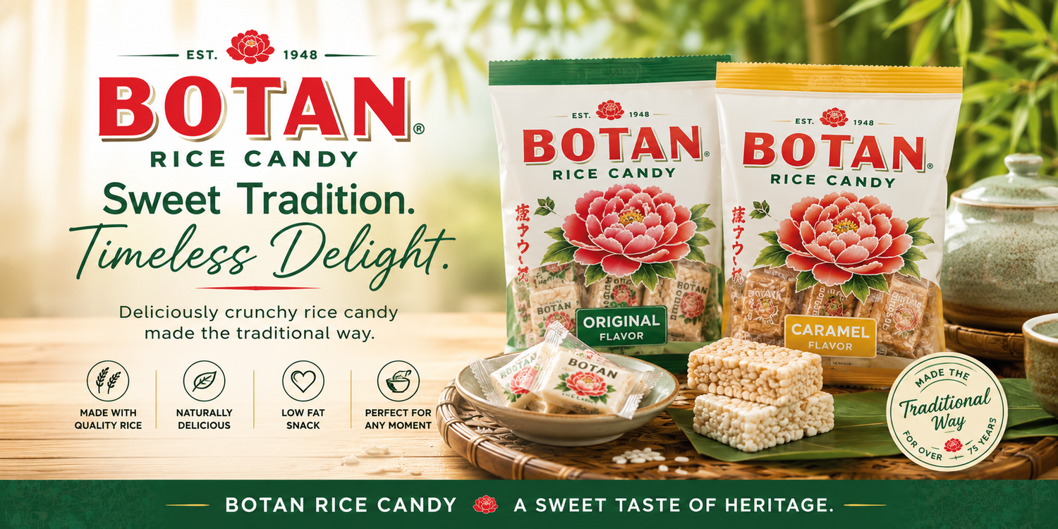 Botan Rice Candy collection hero banner featuring traditional Japanese rice candy, original and caramel flavors, with vintage-inspired packaging and rice candy snacks.