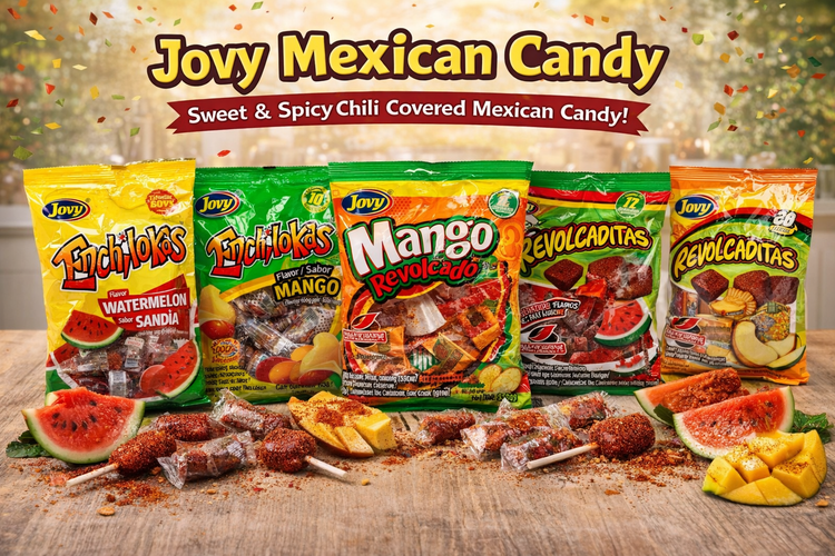 Jovy Mexican candy with chili covered fruit flavors including mango and watermelon sweet and spicy treats
