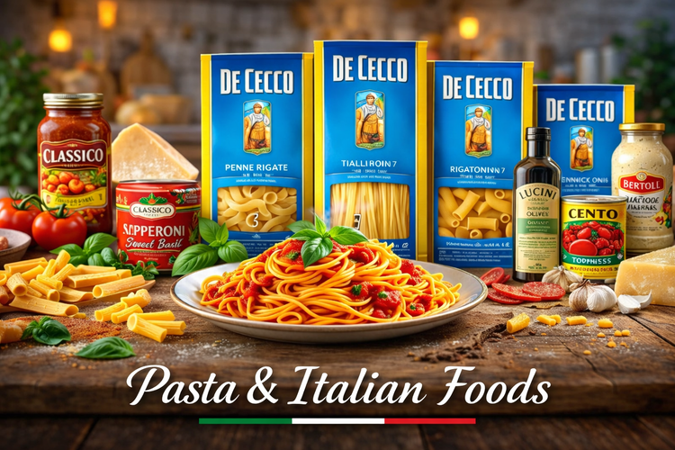 Italian pasta and pantry ingredients including De Cecco pasta, tomato sauce, olive oil, and classic Italian foods