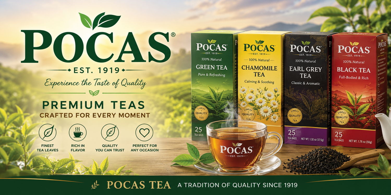 Pocas Tea premium tea collection hero banner featuring green tea, chamomile tea, Earl Grey tea, and black tea with steaming tea cup and tea field background.