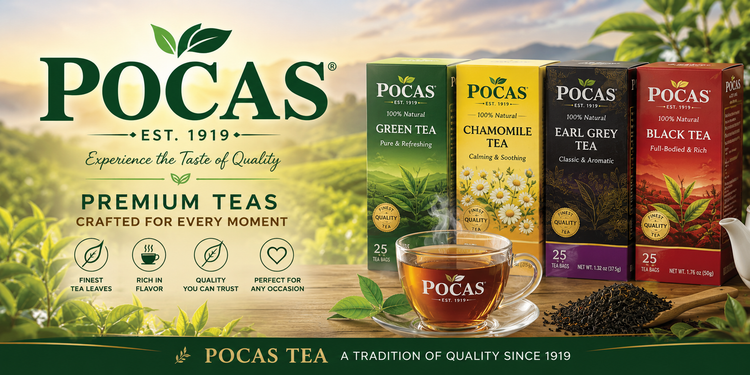Pocas Tea premium tea collection hero banner featuring green tea, chamomile tea, Earl Grey tea, and black tea with steaming tea cup and tea field background.