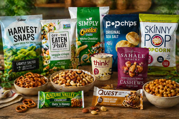 Healthy snacks including baked chips, veggie snacks, and better-for-you snack options