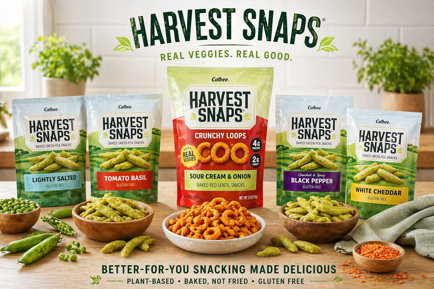 Harvest Snaps snacks including crunchy pea snacks and veggie-based snack options