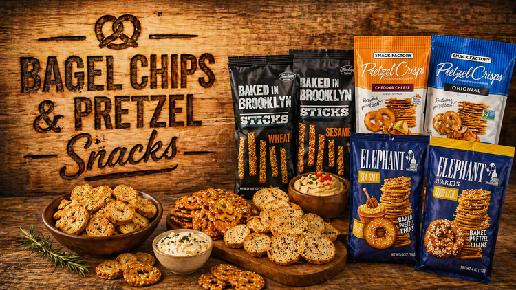 bagel chips and pretzel snacks collection with pretzel crisps breadsticks and crunchy snack assortment on rustic wood table