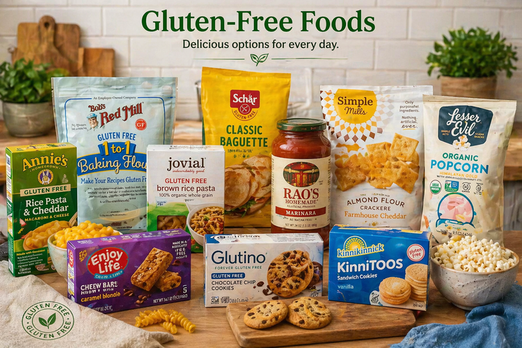 Gluten-free foods collection featuring pasta, snacks, baking essentials, and pantry staples arranged on a bright kitchen countertop with clean, modern styling