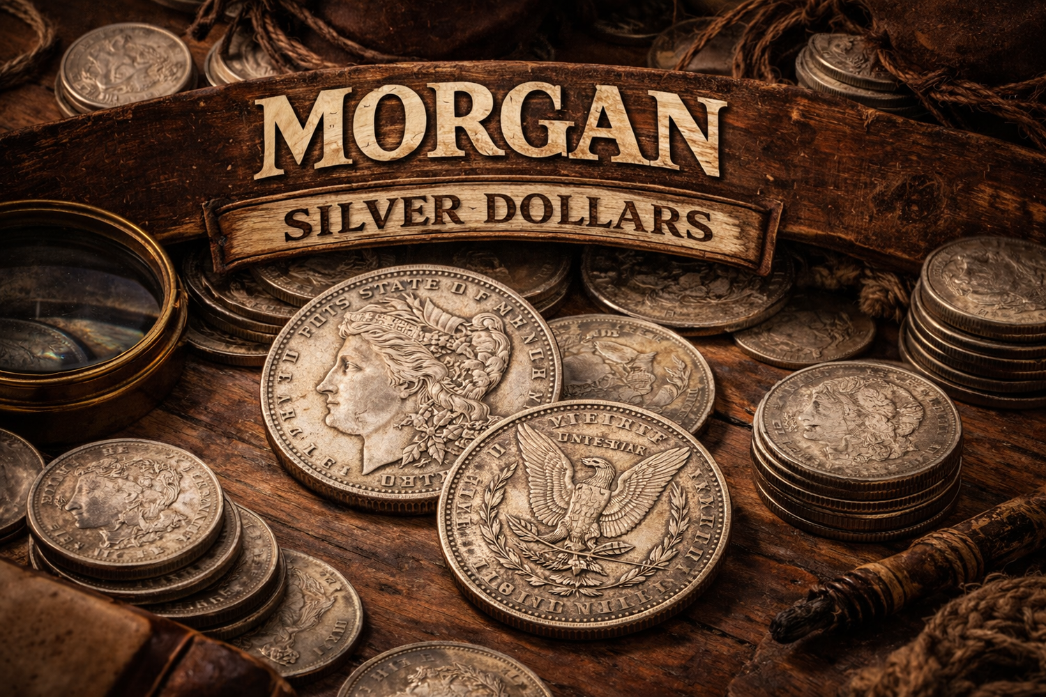 Morgan silver dollars collection with vintage U.S. silver coins and stacked Morgan dollar coins