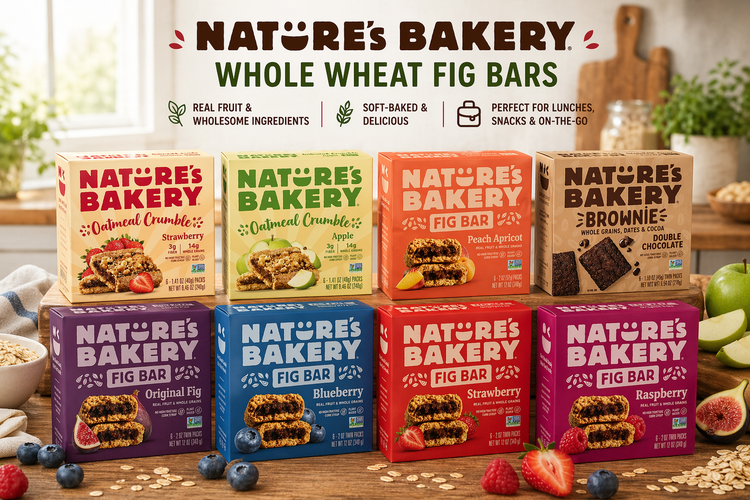 Nature’s Bakery whole wheat fig bars and oatmeal crumble snack boxes assortment with strawberry, apple, blueberry, raspberry, peach apricot, and brownie flavors displayed on a wooden kitchen counter with oats and fresh fruit in a bright home setting