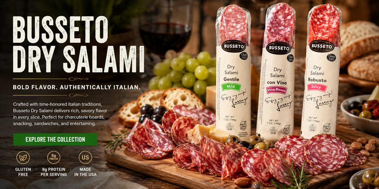 Busseto Dry Salami collection hero banner featuring Italian-style cured meats, charcuterie board ingredients, gluten-free dry salami varieties, rustic antipasto presentation, artisan salami assortment, and gourmet deli meats from Pops Trading Company.
