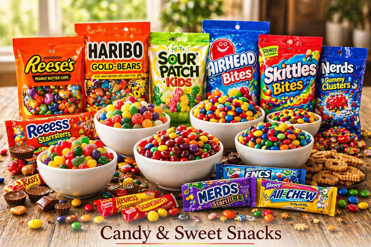 Candy and sweet snacks including chocolate, gummies, and assorted candy treats