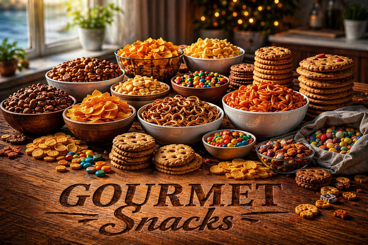 Gourmet snack assortment including pretzels, cookies, crackers, nuts, and candy for pantry snacks and office snack boxes