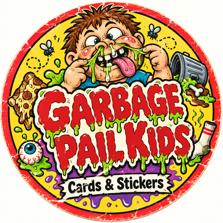 Garbage Pail Kids cards and stickers collection featuring colorful gross-out parody trading card artwork
