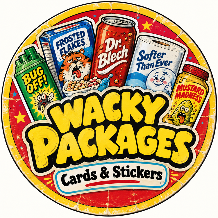 Wacky Packages cards and stickers collection featuring colorful parody-style vintage trading card artwork