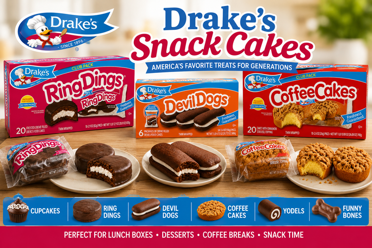 Drake's Snack Cakes collection featuring Devil Dogs, Ring Dings, Coffee Cakes, Cupcakes, Yodels, and Funny Bones