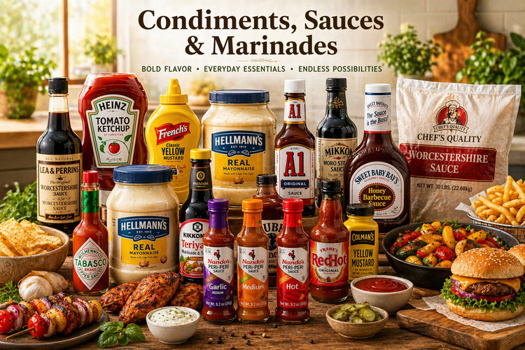 Condiments, sauces, and marinades collection featuring ketchup, mustard, mayonnaise, BBQ sauce, hot sauce, and grilling foods on a bright kitchen countertop