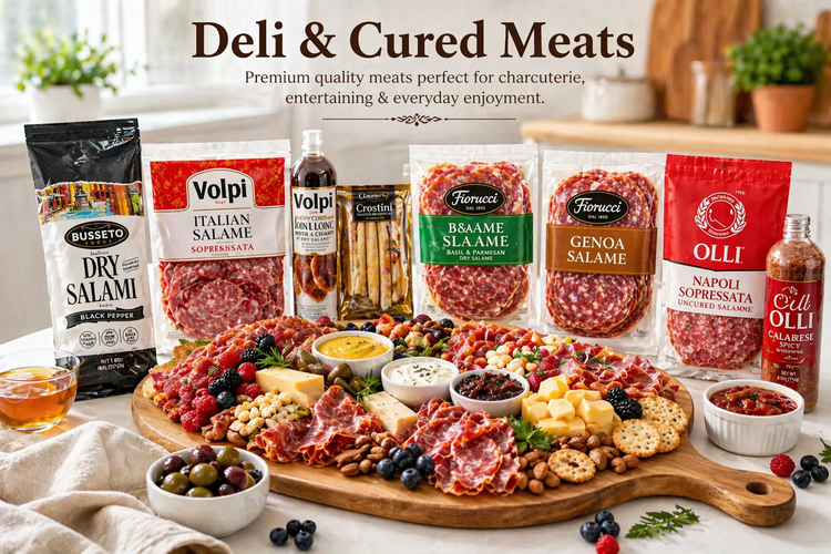 deli and cured meats assortment for charcuterie boards with crackers and appetizers