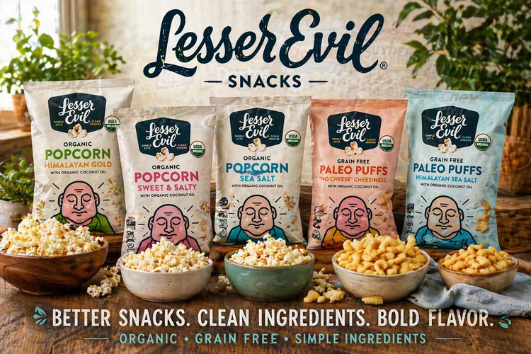 LesserEvil snacks collection featuring organic popcorn and healthy snack options with LesserEvil branding