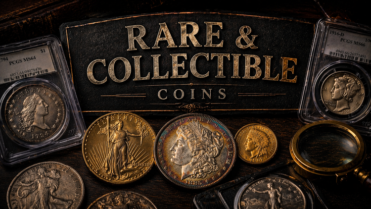 rare and collectible coins including gold coins, toned Morgan silver dollar, and graded key date coins