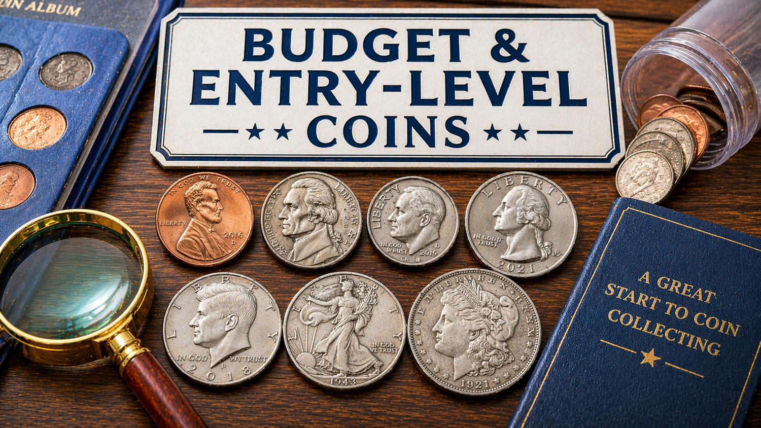 budget and entry-level coin collection with U.S. coins including pennies, nickels, and silver coins
