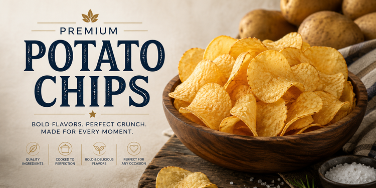 Premium Potato Chips collection banner featuring a rustic wooden bowl filled with crispy golden potato chips, bold vintage-style typography, sea salt accents, and warm farmhouse-inspired food styling designed for gourmet snack and pantry collections.
