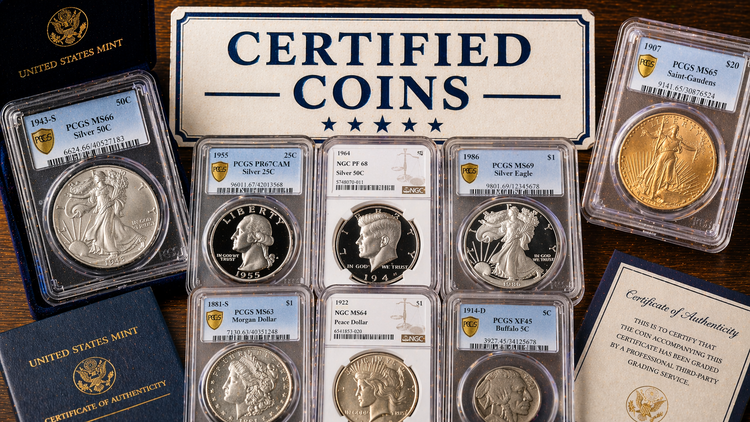 Certified coin collection in grading slabs with PCGS and NGC certified rare coins