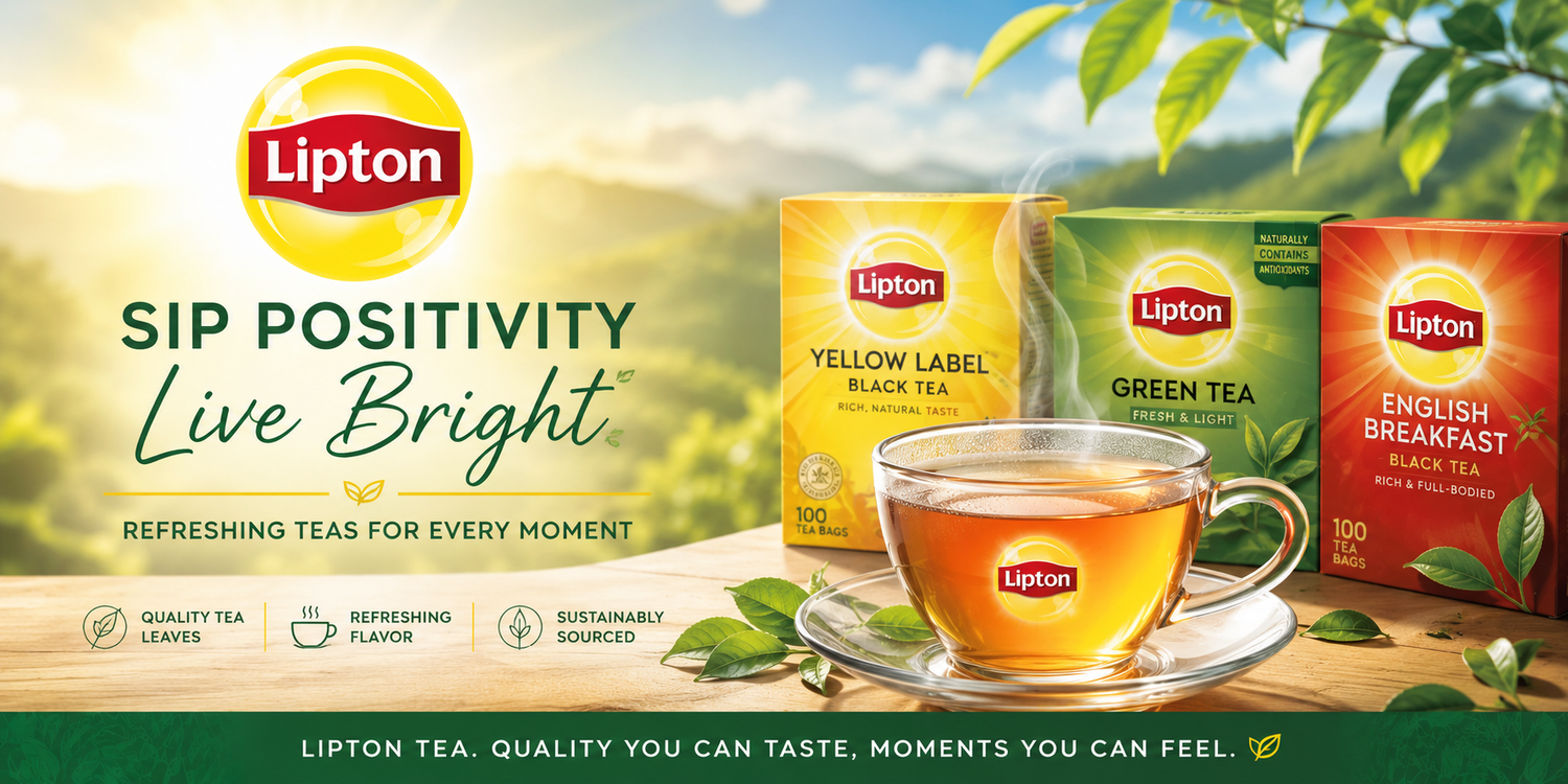 Lipton Tea collection hero banner featuring Yellow Label Black Tea, Green Tea, and English Breakfast Tea with steaming tea cup and bright tea garden background.