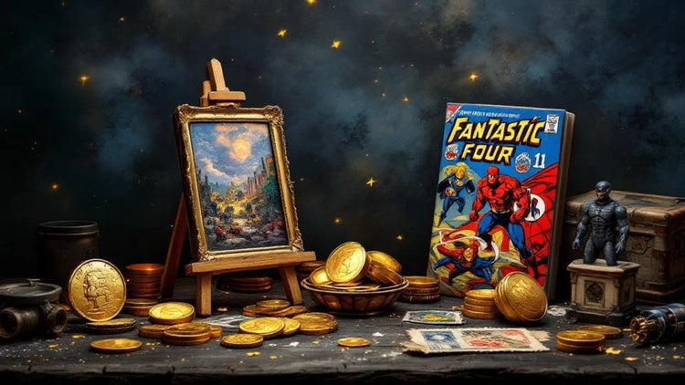collectibles display featuring rare coins vintage artwork comic books and collectible items for collectors